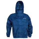 Blue hooded jacket with elastic cuffs, zipper closure, and a Compass logo on the left chest.