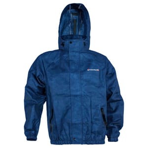Blue hooded jacket with elastic cuffs, zipper closure, and a Compass logo on the left chest.