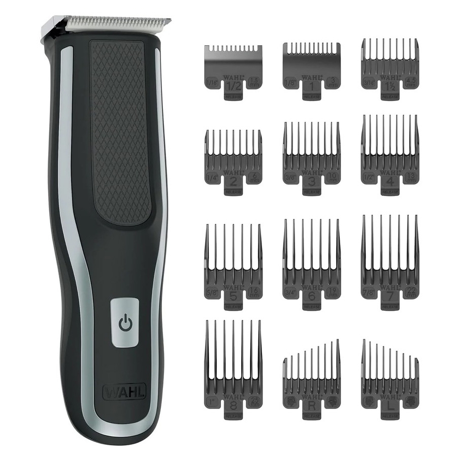 Wahl Cordless Hair Clippers feature a black and silver design with a textured grip and power button, alongside 12 guide combs labeled with lengths from 1/16 to 1 inch, including right and left ear tapers.