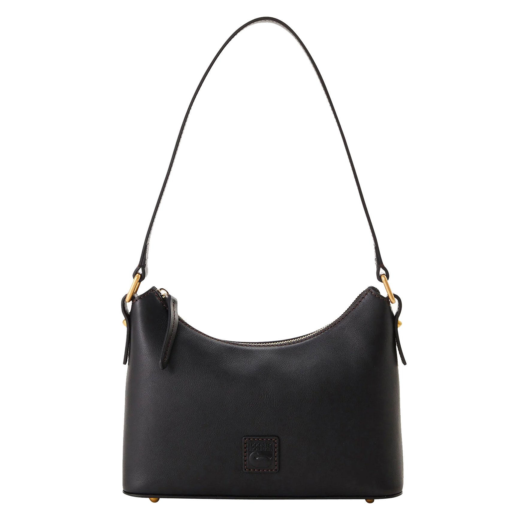 The Dooney & Bourke Florentine Baguette is a sleek black leather handbag with gold-tone hardware and a single shoulder strap. It features a subtle embossed logo on the front.