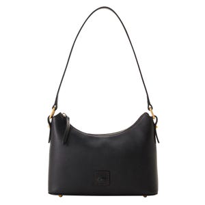 The Dooney & Bourke Florentine Baguette is a sleek black leather handbag with gold-tone hardware and a single shoulder strap. It features a subtle embossed logo on the front.