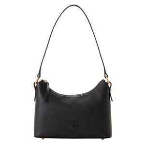 The Dooney & Bourke Florentine Baguette is a sleek black leather handbag with gold-tone hardware and a single shoulder strap. It features a subtle embossed logo on the front.