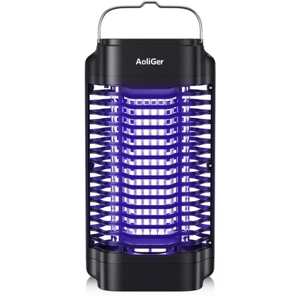 AoliGer electric bug zapper featuring a grid design with a purple light to attract insects, equipped with a handle for easy portability.