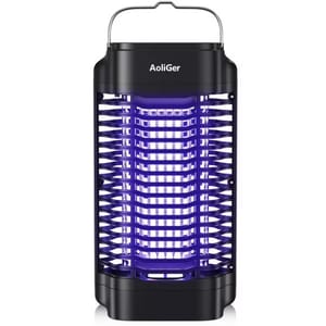 AoliGer electric bug zapper featuring a grid design with a purple light to attract insects, equipped with a handle for easy portability.