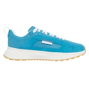 A turquoise athletic sneaker with a mesh upper, white laces, and a white sole featuring a gum-colored bottom.
