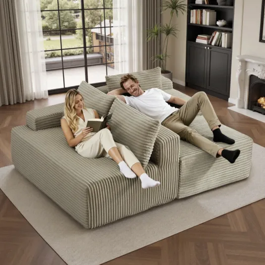 Two people relax on a large, ribbed beige sectional sofa in a living room featuring a fireplace, bookshelf, and large window with curtains.