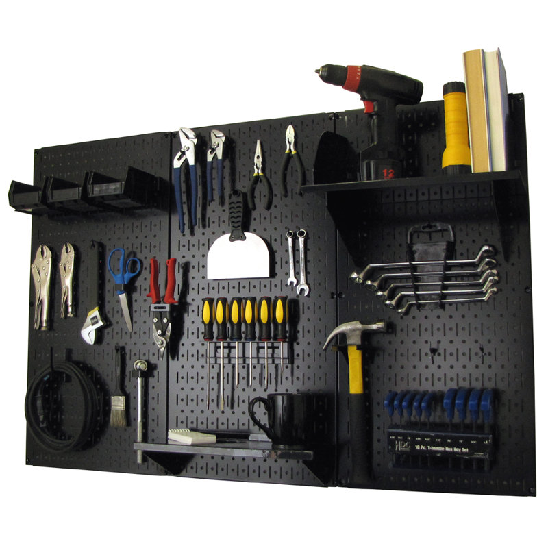 A black pegboard with various tools, including pliers, scissors, wrenches, a screwdriver set, a hammer, a power drill, a flashlight, and a shelf with books.