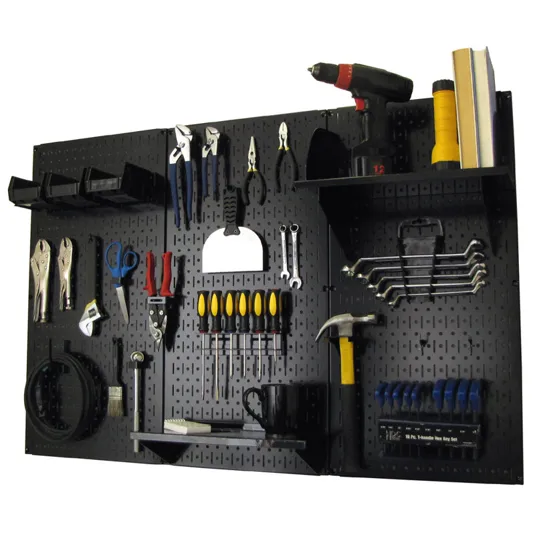 A black pegboard with various tools, including pliers, scissors, wrenches, a screwdriver set, a hammer, a power drill, a flashlight, and a shelf with books.