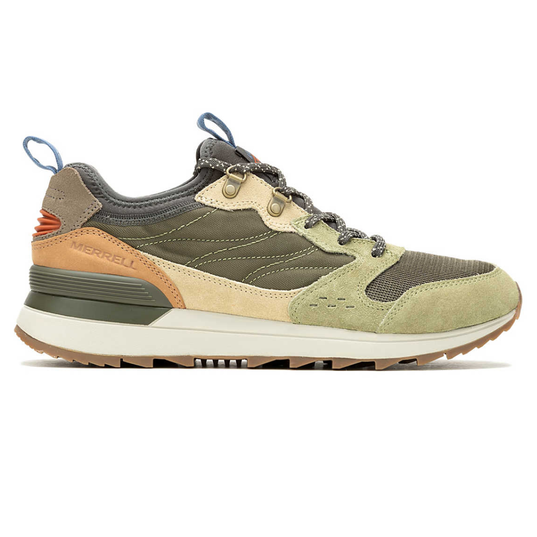 Men's hiking shoe with a mixed material design, featuring shades of green, tan, and brown, with a rugged sole and lace-up closure.