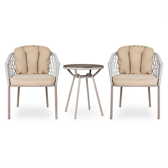 A 3-piece conversation bistro set featuring two beige-cushioned chairs with a woven design and a small round metal table with a stable, sleek base.