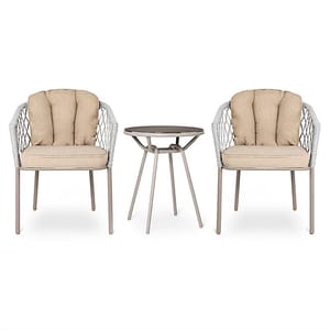A 3-piece conversation bistro set featuring two beige-cushioned chairs with a woven design and a small round metal table with a stable, sleek base.