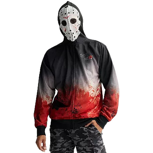 A person wears a \“Friday the 13th\“ themed hoodie with blood-splatter design and a hockey mask, paired with camouflage pants.
