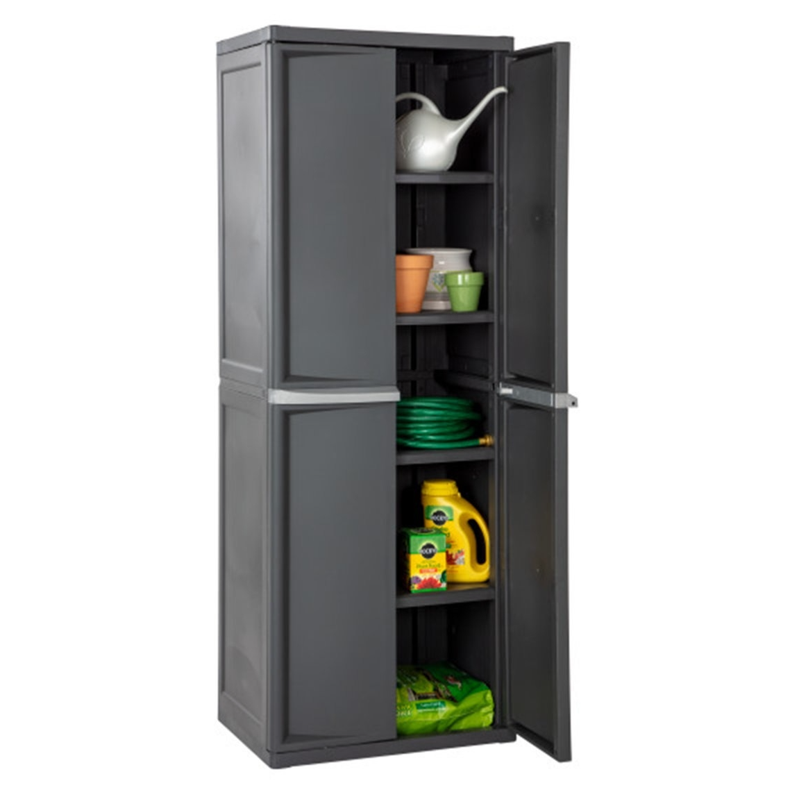 A tall, gray storage cabinet with open doors revealing shelves containing a watering can, plant pots, a hose, and garden supplies like fertilizer and detergent.