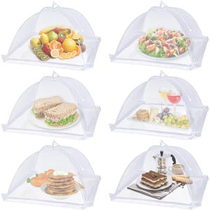 Six mesh food covers protect dishes like fruit, salad, sandwiches, wine with snacks, pancakes, and cake from insects.
