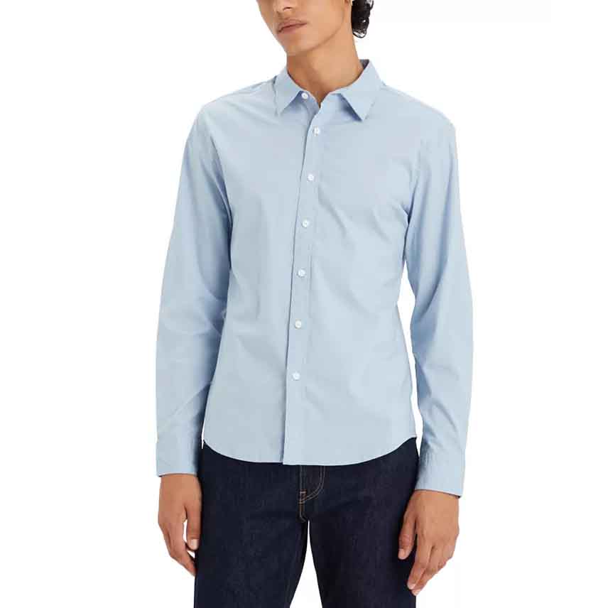 Levi's Men's Stretch Slim-Fit Shirt is a light blue, long-sleeve button-up shirt with a classic collar. It is designed for a tailored fit and is paired with dark jeans.