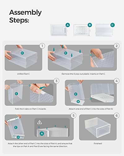 This is an assembly guide for a clear, plastic storage organizer with several components that slot together, showing a six-step process to assemble the unit.