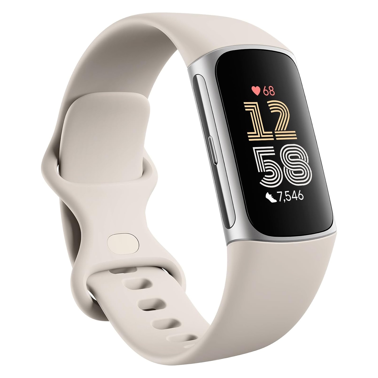 A beige Fitbit Charge 6 with a sleek design featuring a rectangular touchscreen display, showing the time, heart rate, and step count.