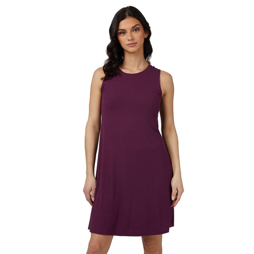 A woman is wearing a sleeveless, knee-length purple dress. The dress has a simple, classic design without any visible patterns or embellishments.