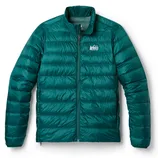 Teal REI Co-op puffer jacket featuring horizontal quilting, full-length zipper, and a stand-up collar with the REI Co-op logo on the chest.