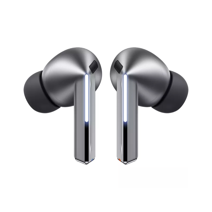 The Samsung Galaxy Buds Pro are wireless earbuds with a metallic finish, in-ear design, and a stem-like structure featuring angular edges.
