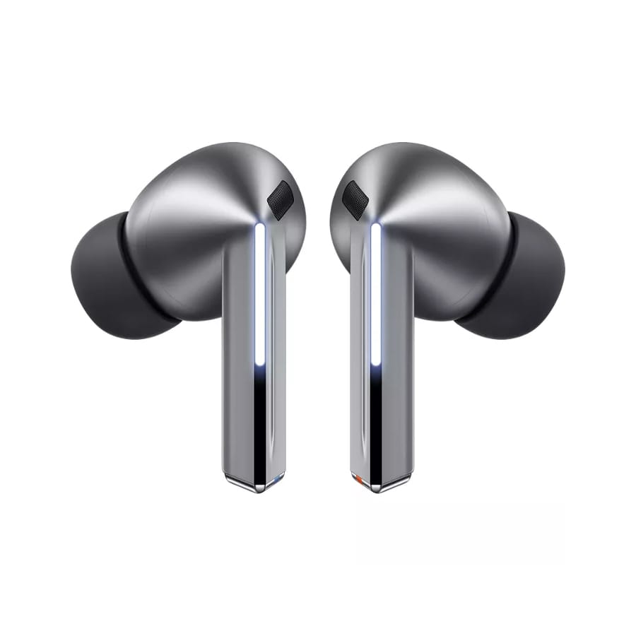 The Samsung Galaxy Buds Pro are wireless earbuds with a metallic finish, in-ear design, and a stem-like structure featuring angular edges.