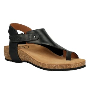 A black leather sandal with a cork footbed, featuring a toe loop and adjustable ankle strap for support.