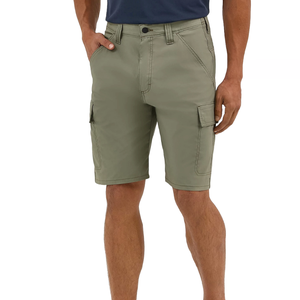 Wrangler Men's Cargo Shorts in khaki feature multiple pockets, including side cargo pockets, with belt loops and a button closure. They offer a casual, functional style suitable for various activities.