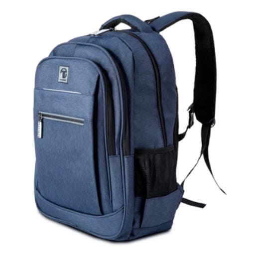A blue multi-compartment backpack with a front zipper pocket, side mesh pocket, and adjustable shoulder straps.