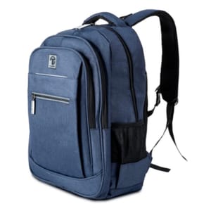 A blue multi-compartment backpack with a front zipper pocket, side mesh pocket, and adjustable shoulder straps.
