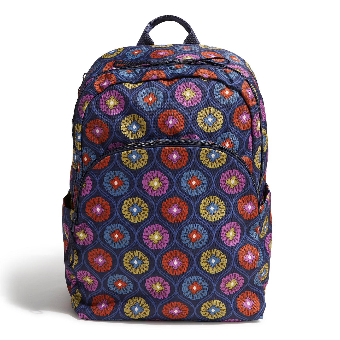 A colorful backpack with a floral pattern design.