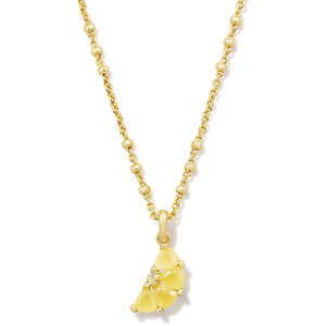 Gold chain necklace featuring a crescent-shaped pendant with lemon-colored gemstones, set in gold prongs, accented by small round beads on the chain.
