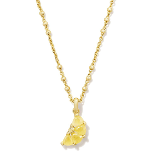Gold chain necklace featuring a crescent-shaped pendant with lemon-colored gemstones, set in gold prongs, accented by small round beads on the chain.