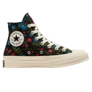 Converse Chuck Taylor All Star high-top sneaker with a colorful floral pattern and white laces, featuring the iconic logo patch on the side and a cream rubber sole.