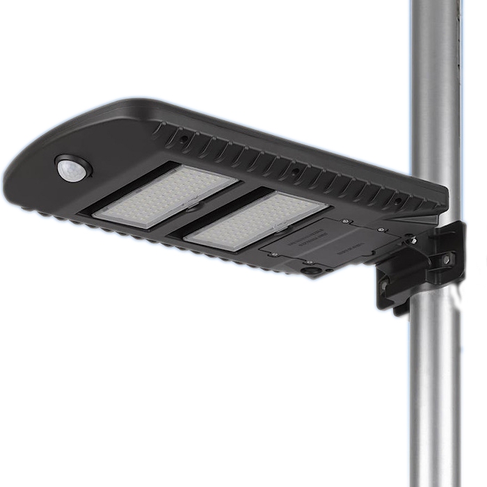 A mounted LED solar motion light with a rectangular design featuring two light panels and a motion sensor, attached to a metallic pole.