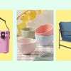 A pink cooler, pastel-colored bowls, and a blue outdoor chair on a green background.