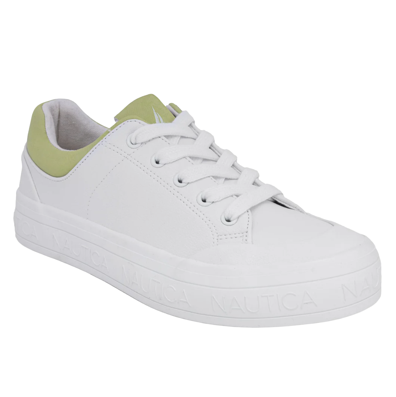 A white low-top sneaker with a light green accent on the heel, featuring a lace-up design and embossed \“Nautica\“ branding on the sole.
