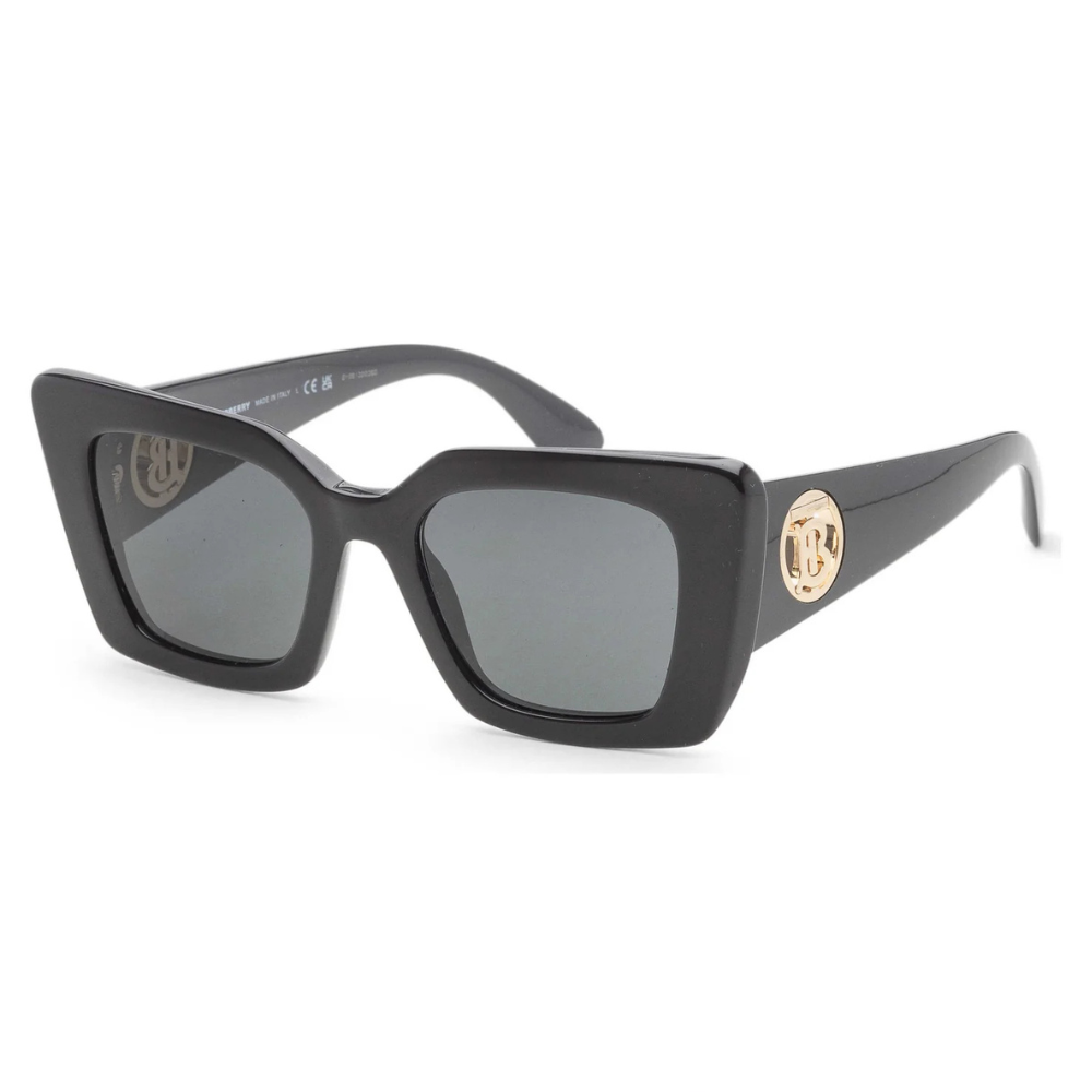 Black square sunglasses with dark lenses and a gold emblem on the temples.