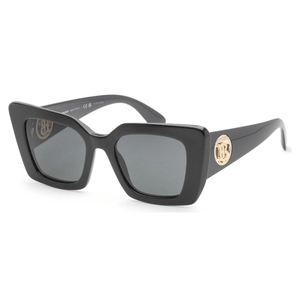 Black square sunglasses with dark lenses and a gold emblem on the temples.