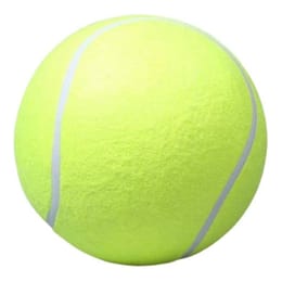 A bright yellow tennis ball with white curved seams.