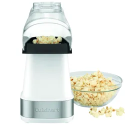 A Cuisinart hot air popcorn maker with a glass bowl filled with popcorn beside it.