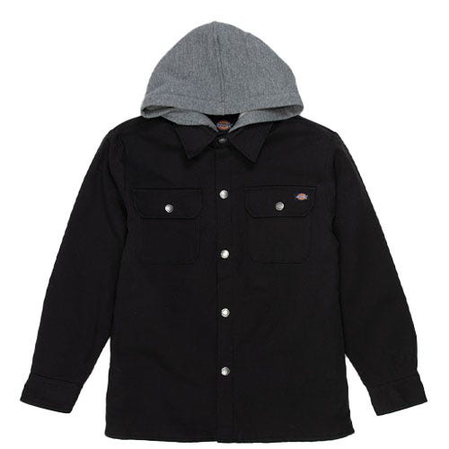 Black button-up jacket with a gray hood and two chest pockets, featuring metallic buttons and a small logo patch on the left pocket.