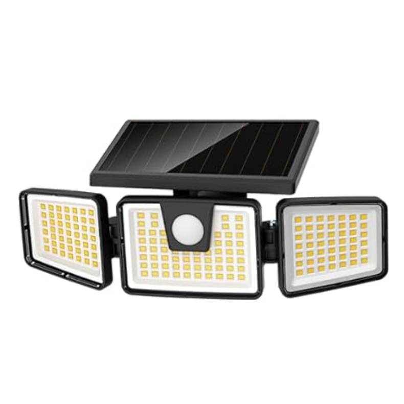 LED solar-powered security lights with adjustable panels and a motion sensor, featuring three lighting units for wide-angle coverage, suitable for outdoor use.