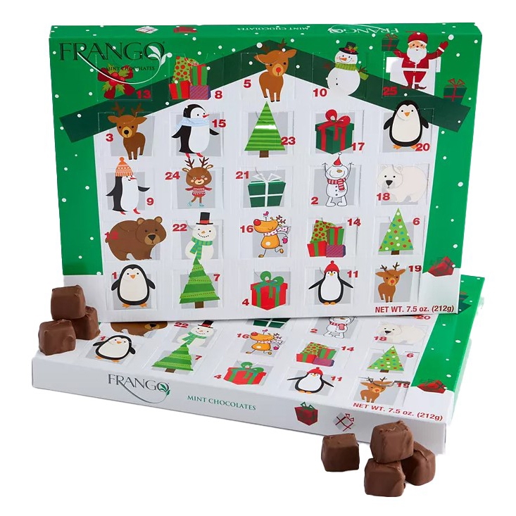 Frango Mint Chocolates Advent Calendar featuring festive animal and holiday-themed illustrations with 25 numbered windows, each likely containing a chocolate treat. Net weight: 7.5 oz (212g).