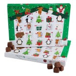 Frango Mint Chocolates Advent Calendar featuring festive animal and holiday-themed illustrations with 25 numbered windows, each likely containing a chocolate treat. Net weight: 7.5 oz (212g).