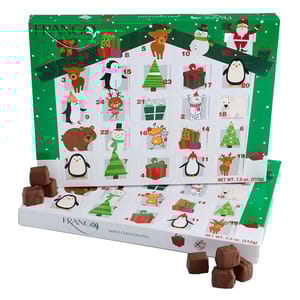 Frango Mint Chocolates Advent Calendar featuring festive animal and holiday-themed illustrations with 25 numbered windows, each likely containing a chocolate treat. Net weight: 7.5 oz (212g).