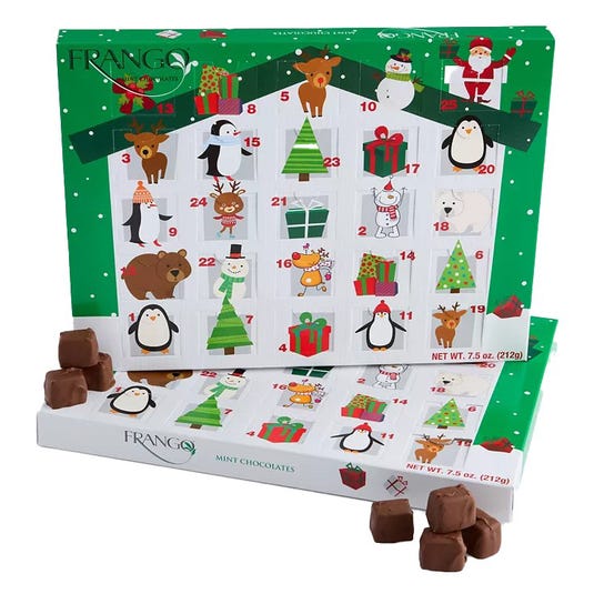 Frango Mint Chocolates Advent Calendar featuring festive animal and holiday-themed illustrations with 25 numbered windows, each likely containing a chocolate treat. Net weight: 7.5 oz (212g).