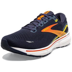 A navy blue Brooks running shoe with orange and yellow accents.