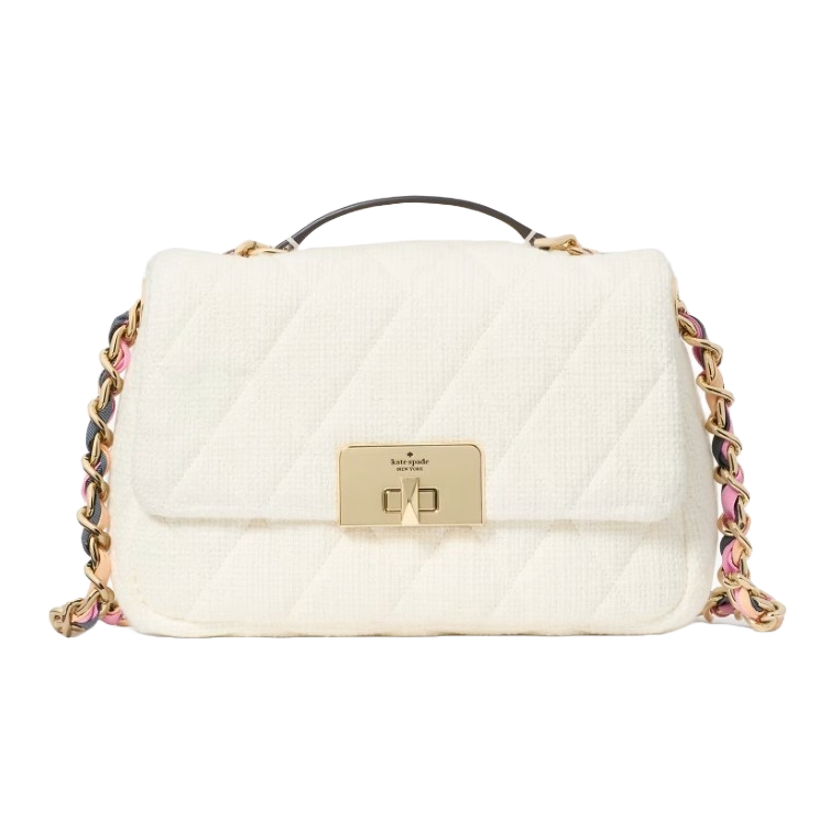 A white quilted handbag with a gold-tone clasp and multicolored chain strap.