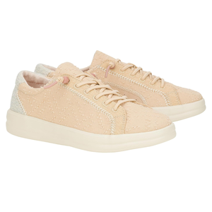 A pair of light pink casual sneakers with laces and a textured design.