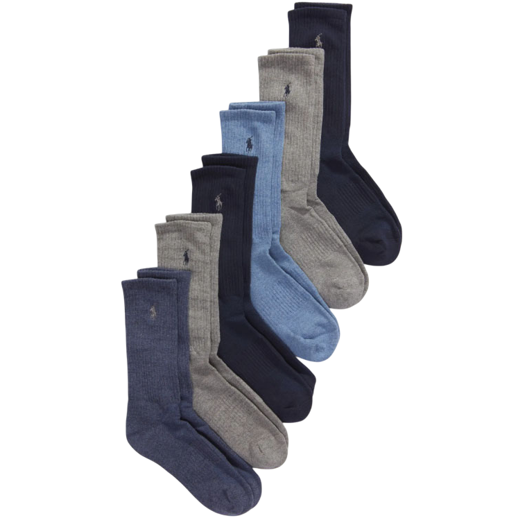 A set of seven pairs of ribbed socks in various shades of blue and gray, each featuring a small embroidered logo.